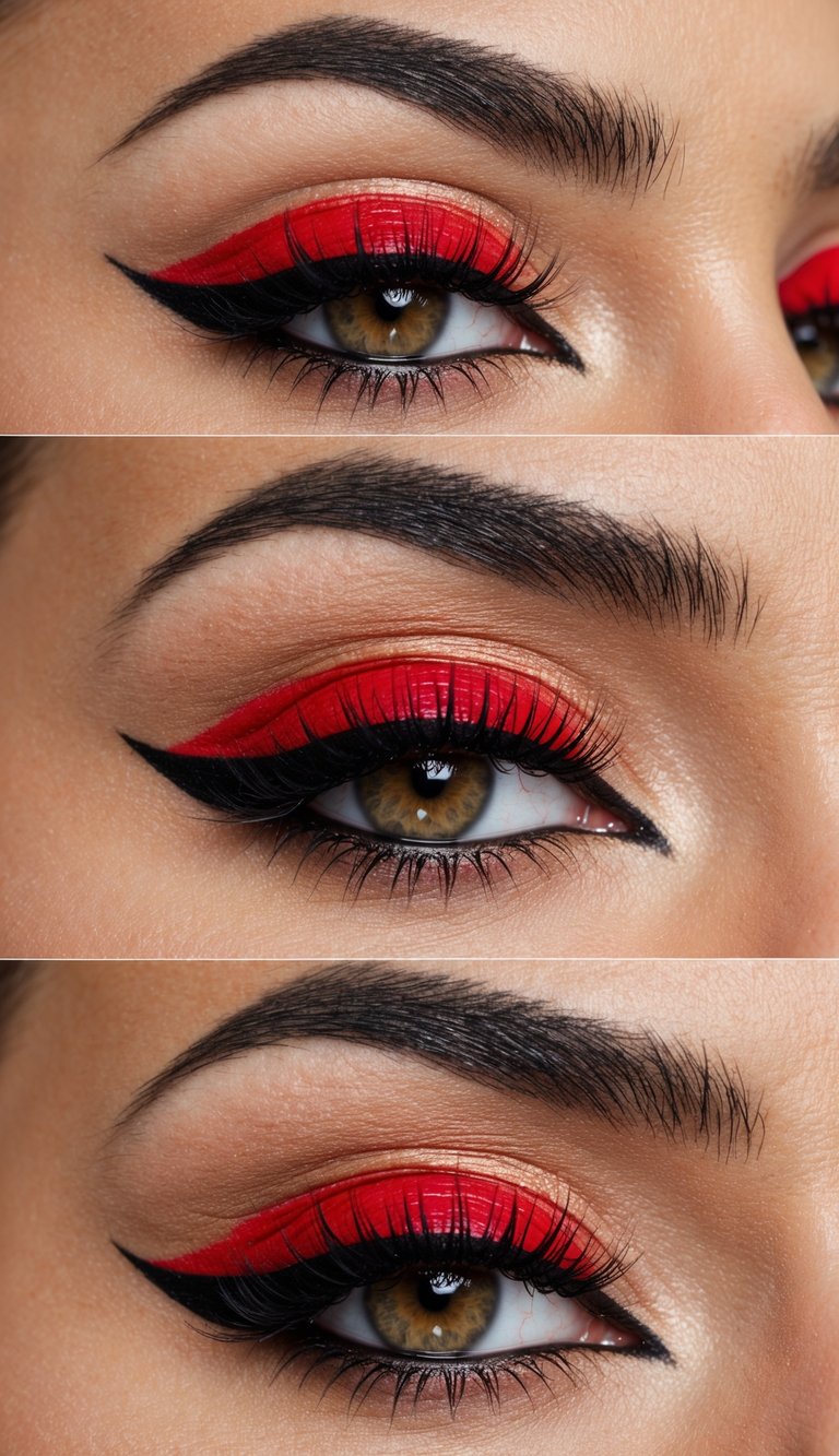 A cat eye makeup look with bold red lips, creating a stunning and elegant appearance for any occasion