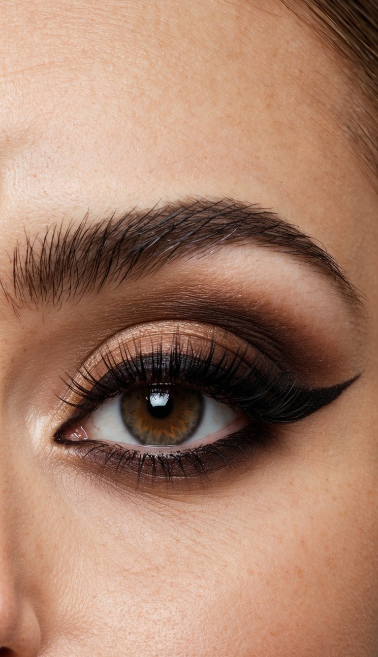 A close-up of a cat eye with smokey brown ombre makeup, showcasing the bold and elegant look for every occasion