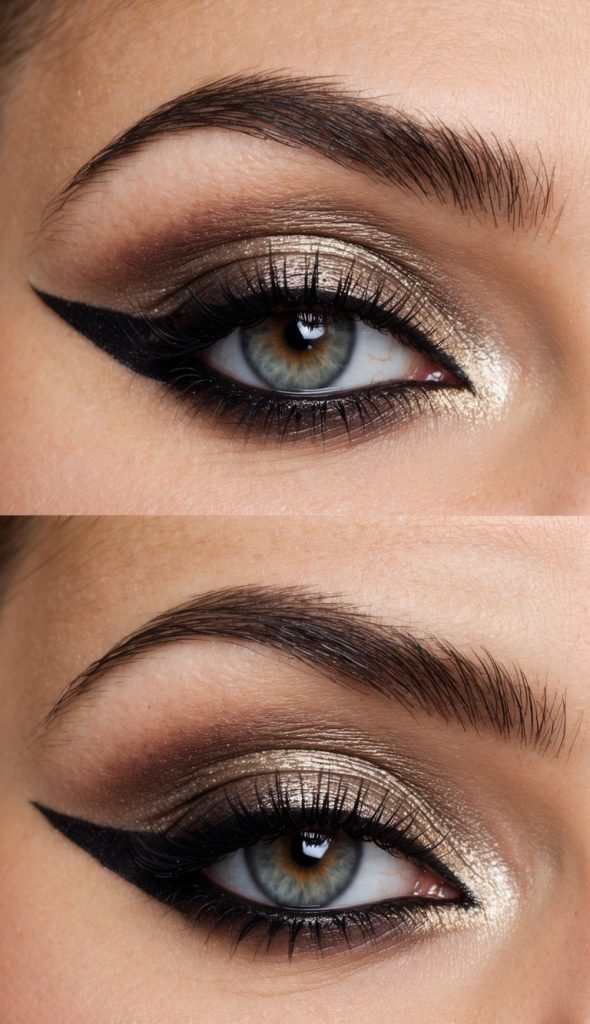Close-up of a woman's eye with dramatic makeup, featuring metallic gold and bronze eyeshadow, bold black eyeliner, and long, thick eyelashes.