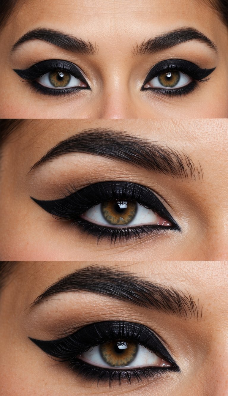 A classic black cat eye makeup look with thick inner corners, creating a bold and elegant appearance