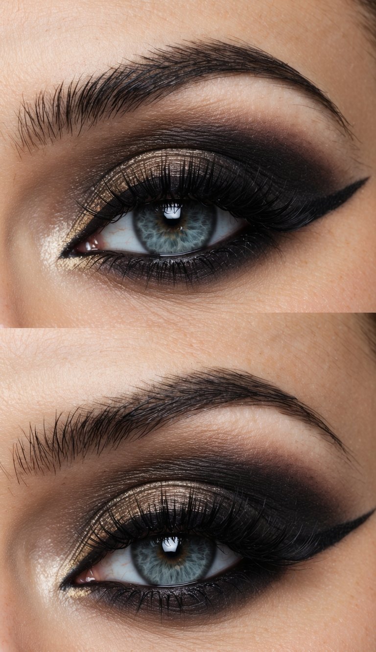 A close-up of a cat eye makeup look with bold smoky eyeshadow, creating a stunning and elegant appearance