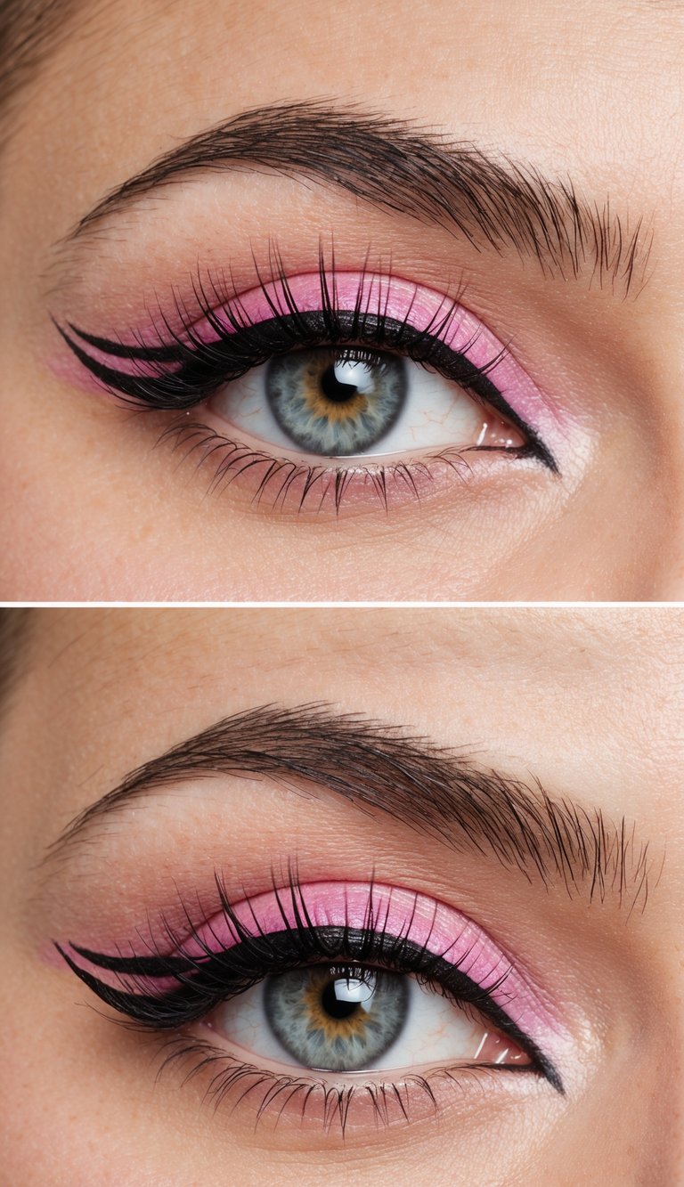 A playful cat's eye with pink eyeliner, showcasing bold and elegant makeup