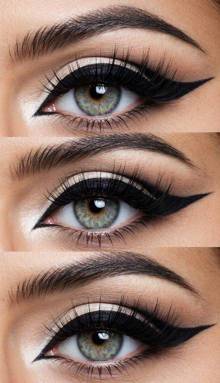 A close-up of a cat eye makeup look with eyeliner and mascara, highlighting the bold and elegant design
