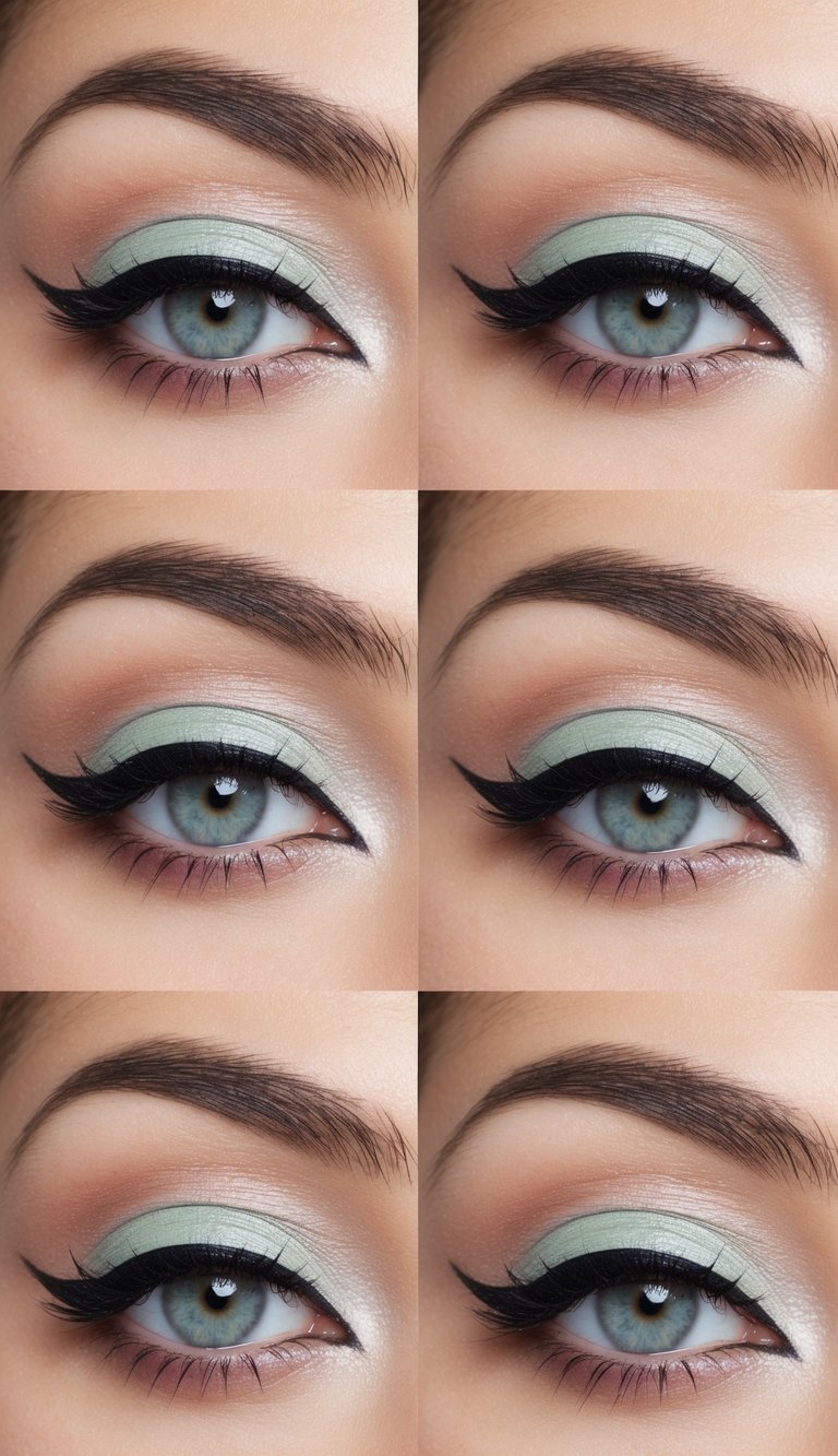 Soft pastel eyeshadow and thick winged liner on a wide-eyed glam look