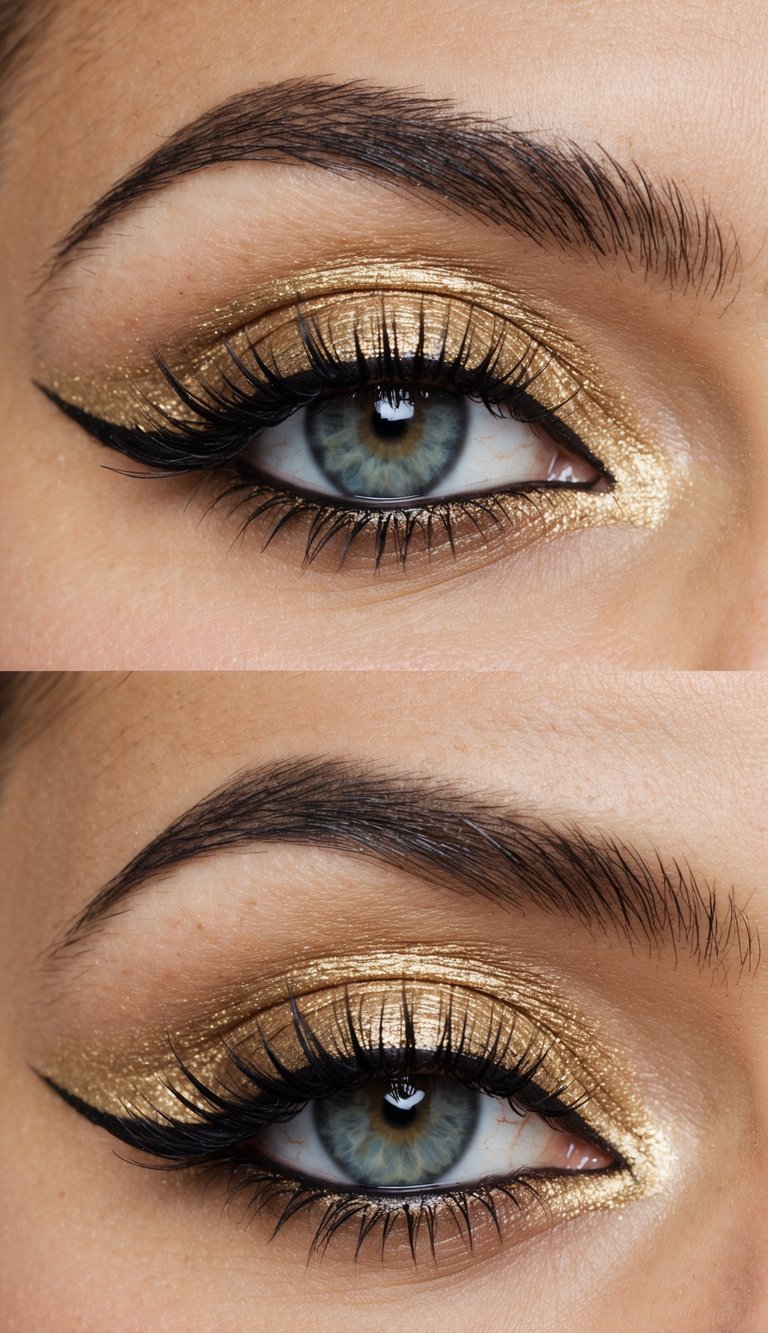 A close-up of an eye with metallic gold shadow and winged liner for a fierce, lifted look