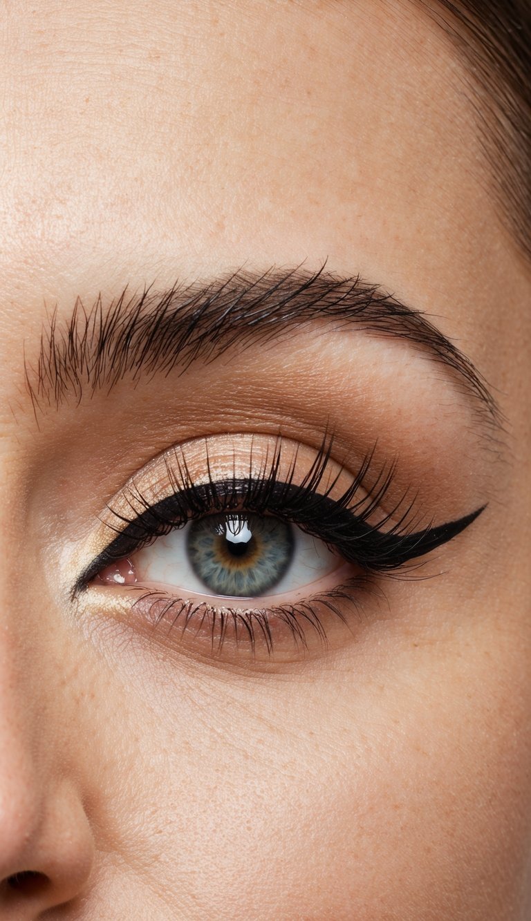 A close-up of a glossy eyelid with a sharp winged eyeliner for a modern twist, showcasing a fierce and lifted fox eye makeup style