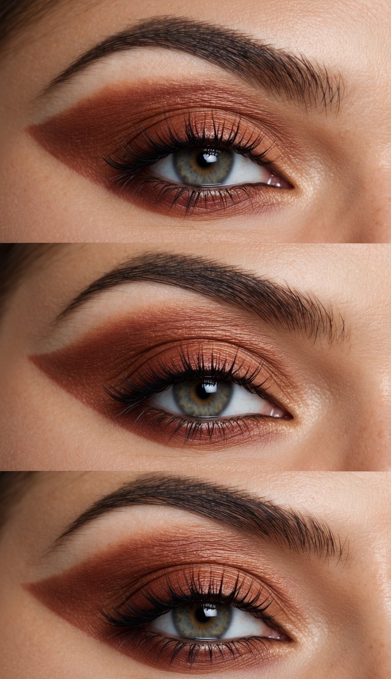 Warm terracotta shades blended outward in a dramatic, lifted fox eye makeup style
