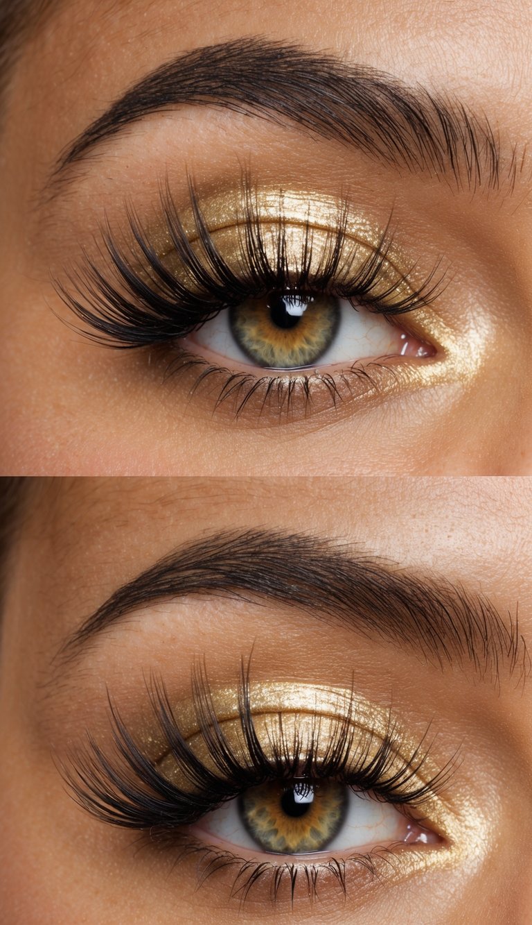 Shimmery gold lids with long false lashes, creating a wide-eyed glam look