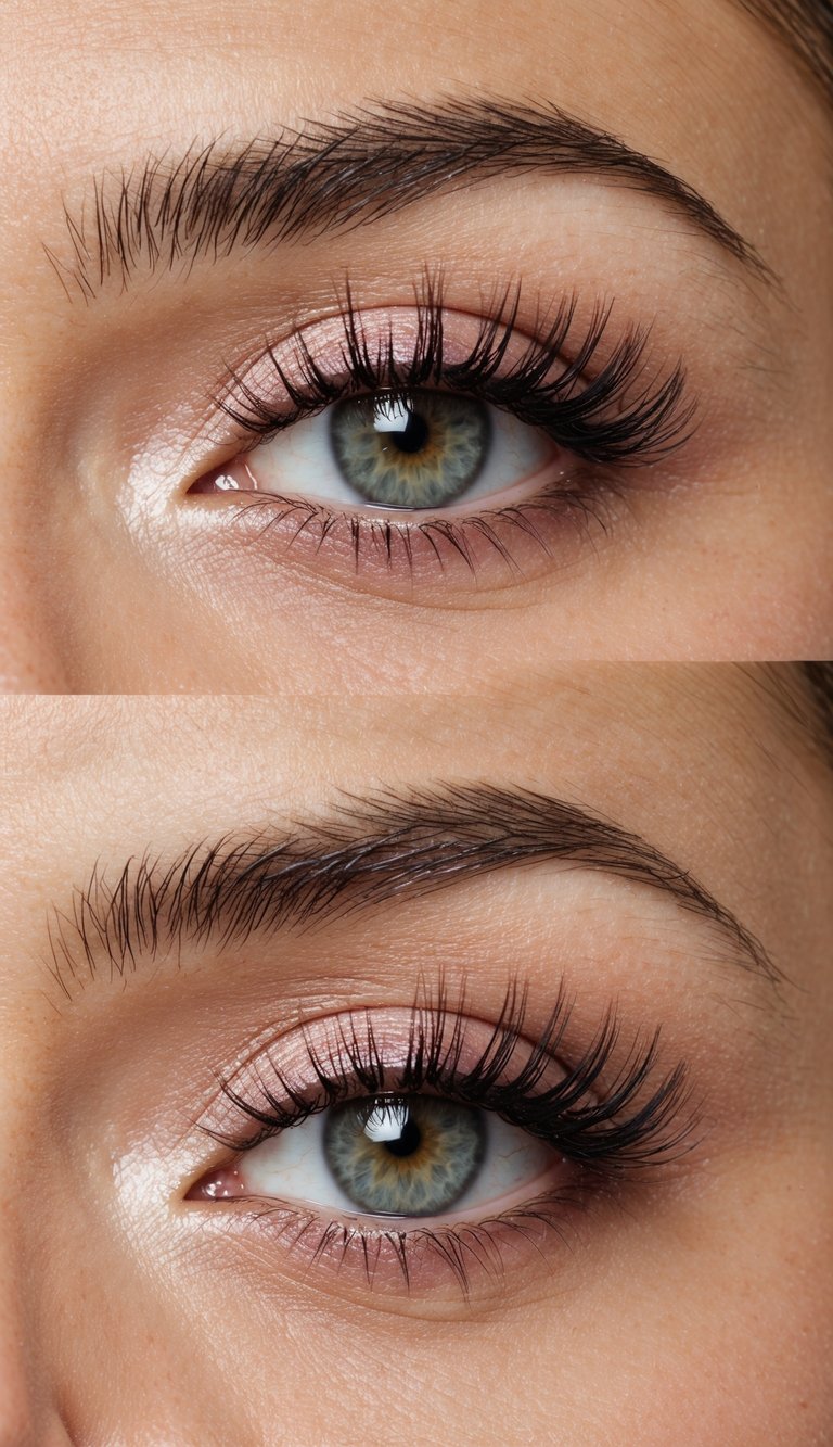 Soft pink halo eyeshadow with rounded lashes on a wide-eyed glam look