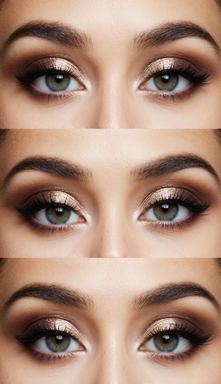 Shimmery eyelids catch the light, creating a subtle, glamorous glow