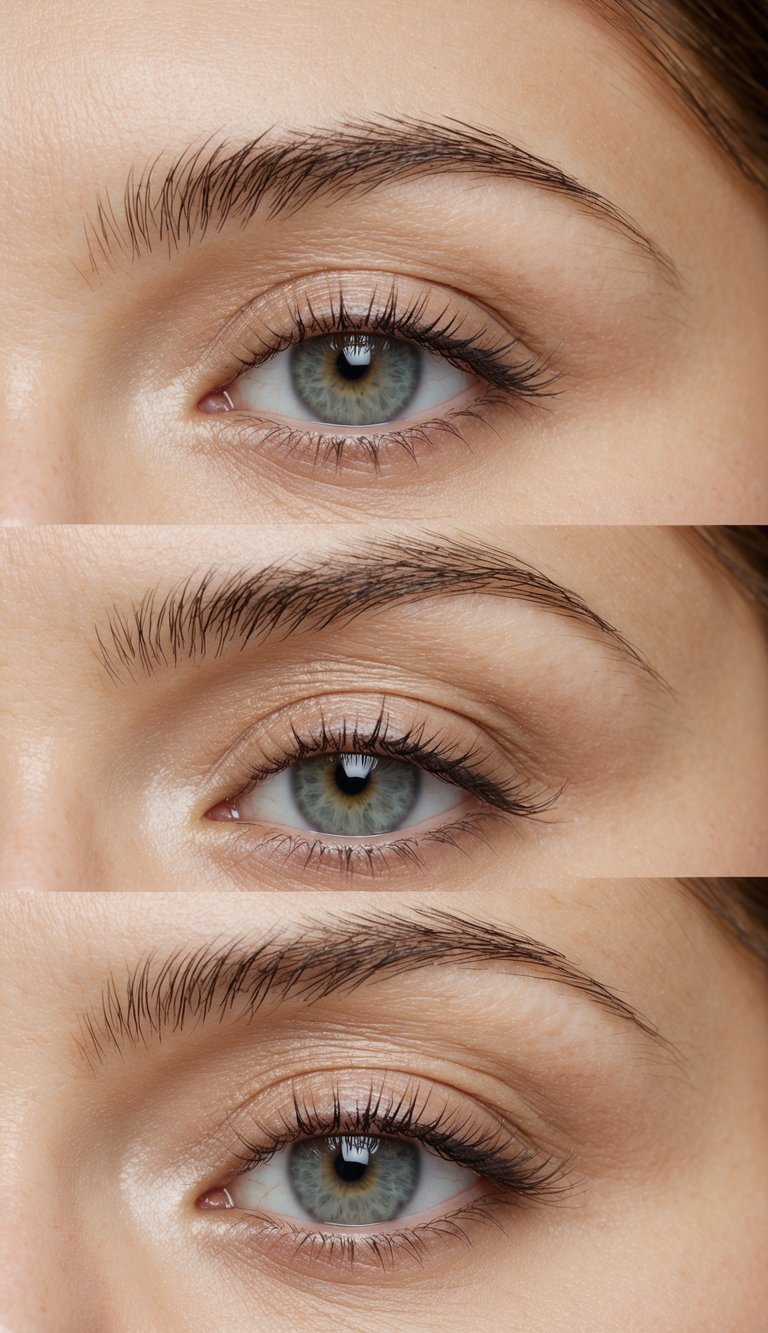 A soft, innocent charm is depicted through a close-up of gentle, natural eye makeup with soft, neutral tones and subtle shimmer