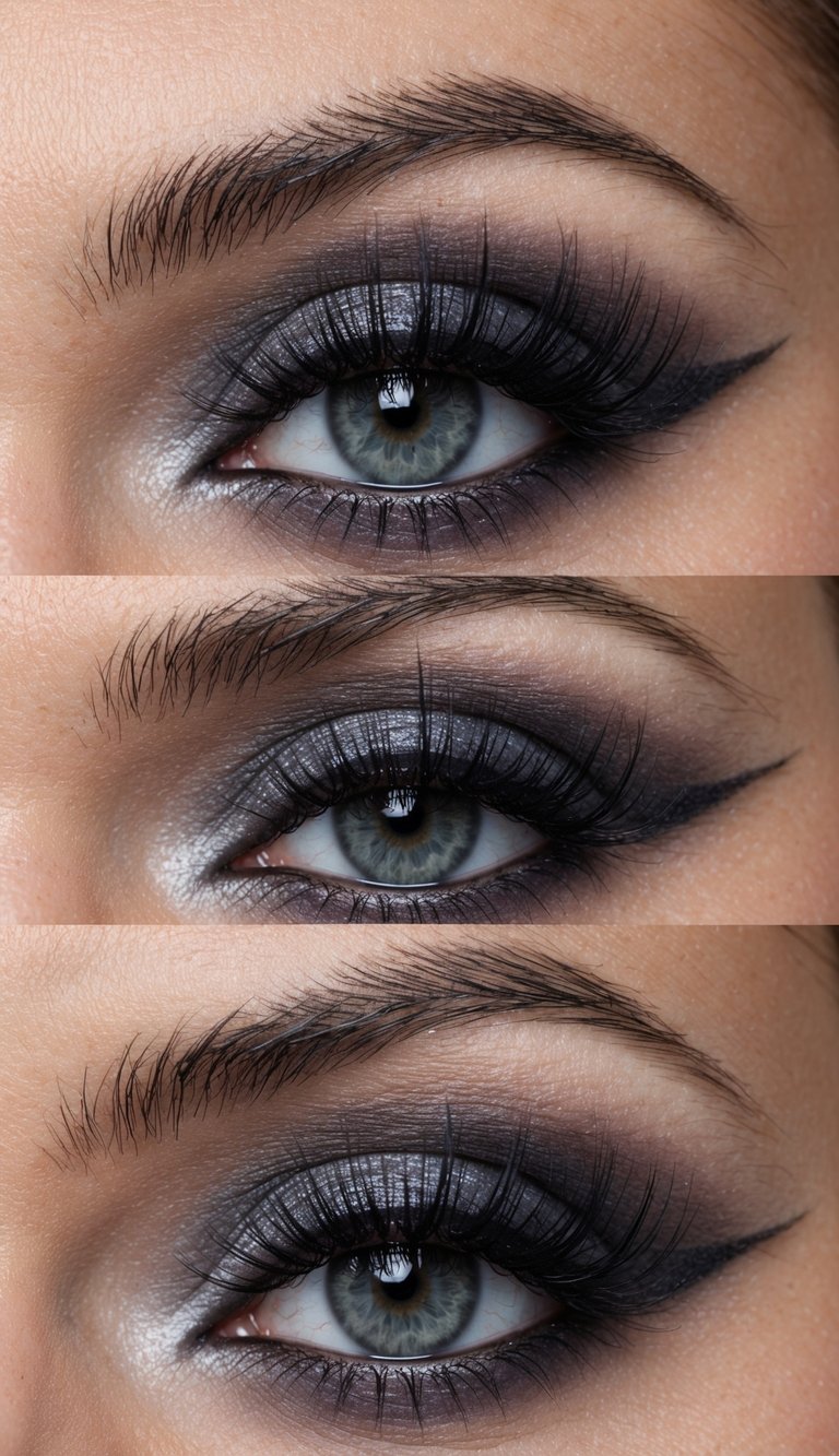 A smokey grey fox eye with wispy lashes, creating a fierce and lifted look