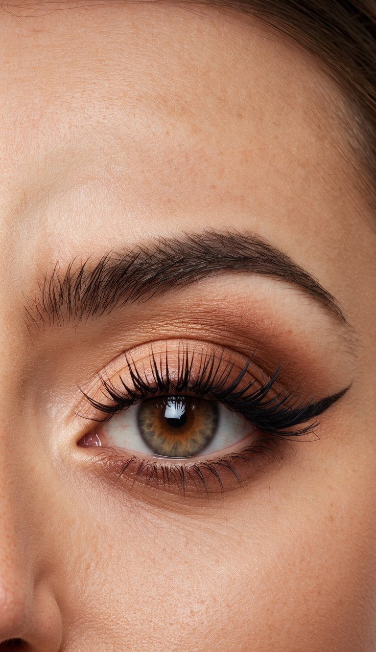 A peach and brown gradient eye makeup with winged liner for a fierce, lifted look