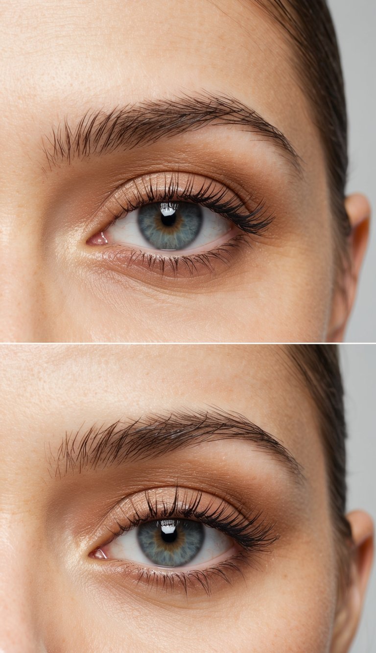 A soft, innocent charm is depicted as a cream bronzer is lightly applied to the crease in a doe eye makeup look