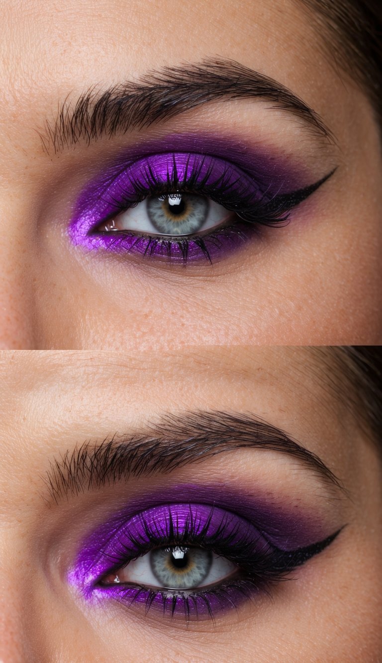 A fox with vibrant purple ombre eye makeup, creating a fierce and lifted look