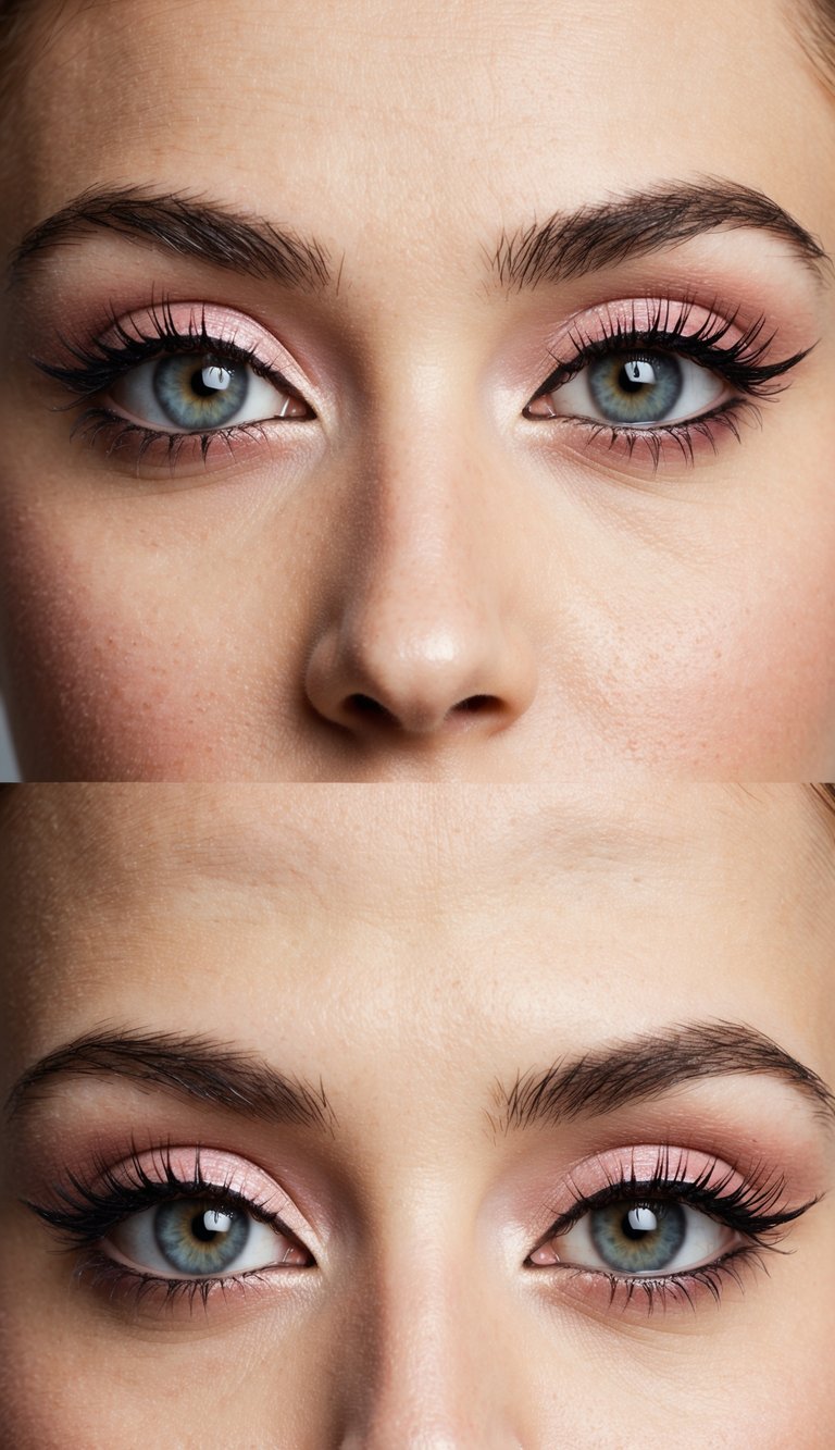 A close-up of wide-open, doe-eyed makeup with classic eyeliner and baby pink eyeshadow