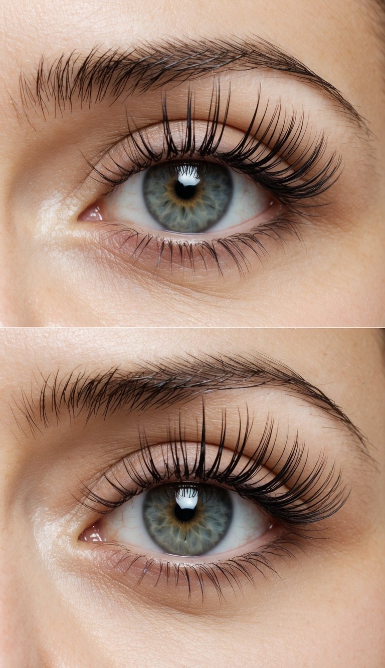 A pair of eyes with long, fluttery lashes coated in lengthening mascara, creating a soft and innocent charm