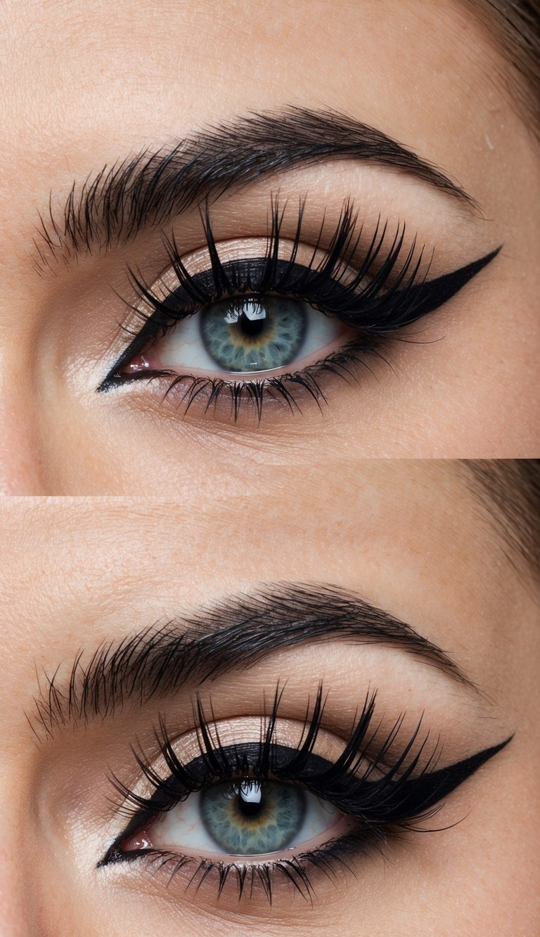 Two sharp, double-winged eyeliner styles with lifted, dramatic angles, creating a fierce and edgy look