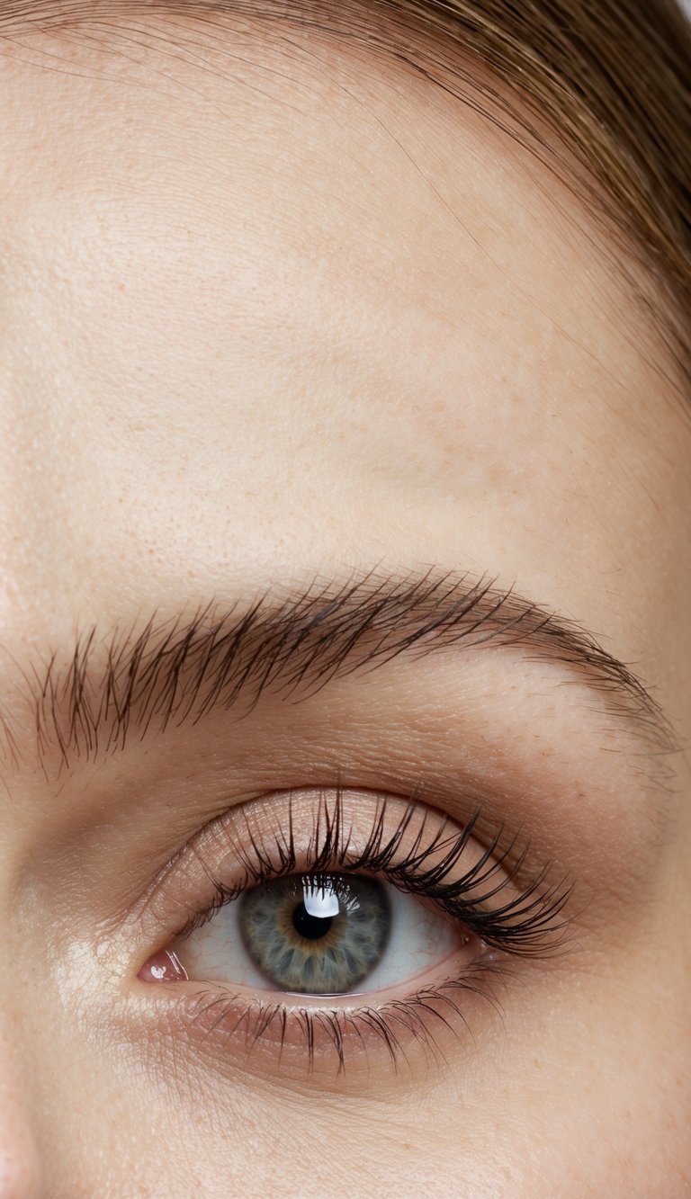 Soft, innocent charm: A close-up of an eye with a hint of shimmer on the center lid, framed by long lashes and a subtle, natural brow
