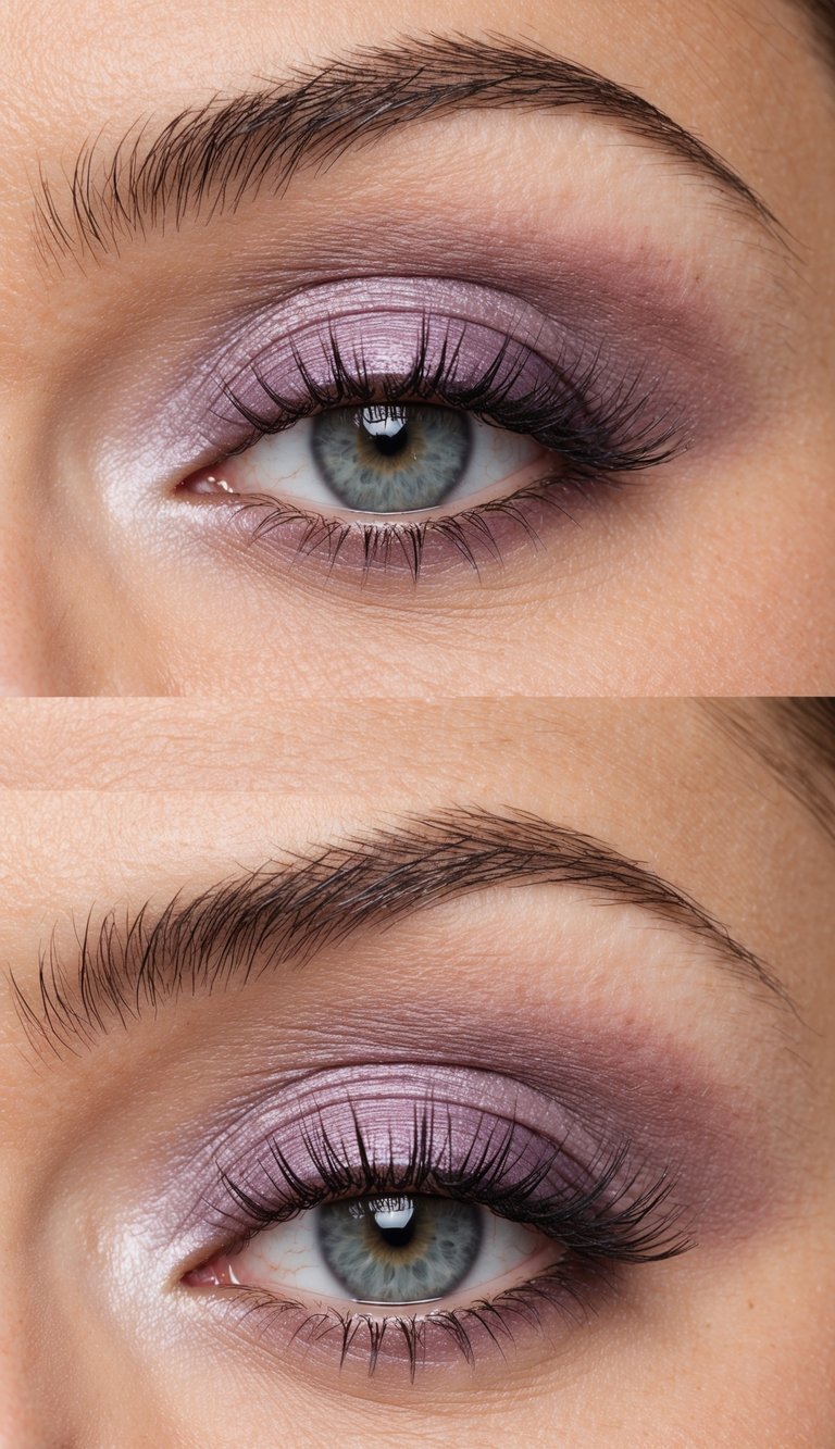 A close-up of a lilac smokey eye paired with peach blush, creating a glamorous and wide-eyed makeup look