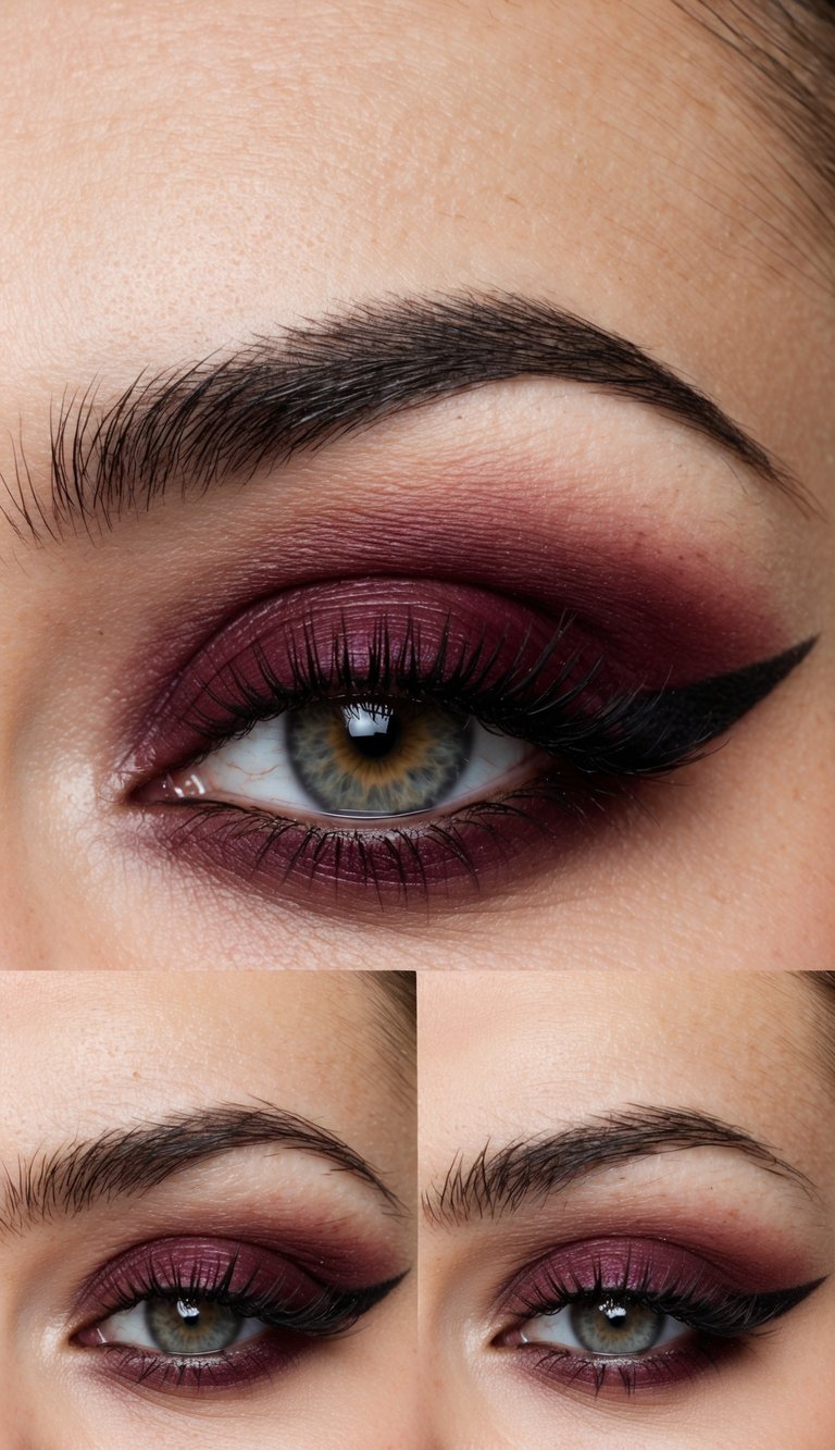 A sharp-winged eye with matte burgundy shadow, bold and fierce