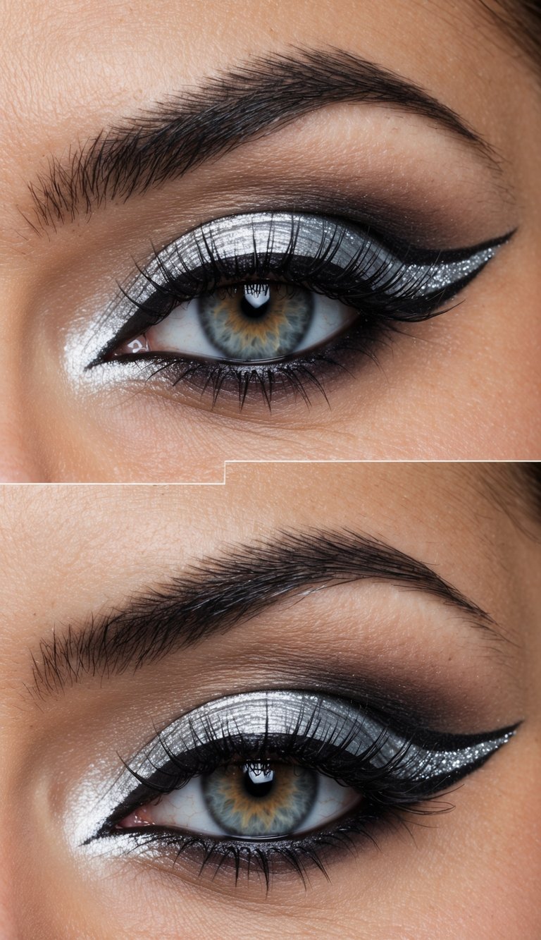 A sleek, fierce feline eye with a dramatic silver liner accent, creating a lifted and intense look