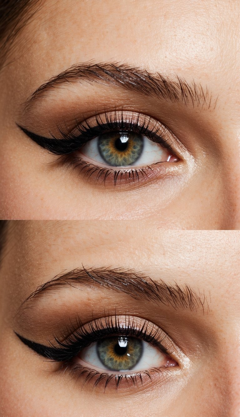 A close-up view of a wide-eyed figure with glossy eyelids and prominent under lashes, casting a shadow