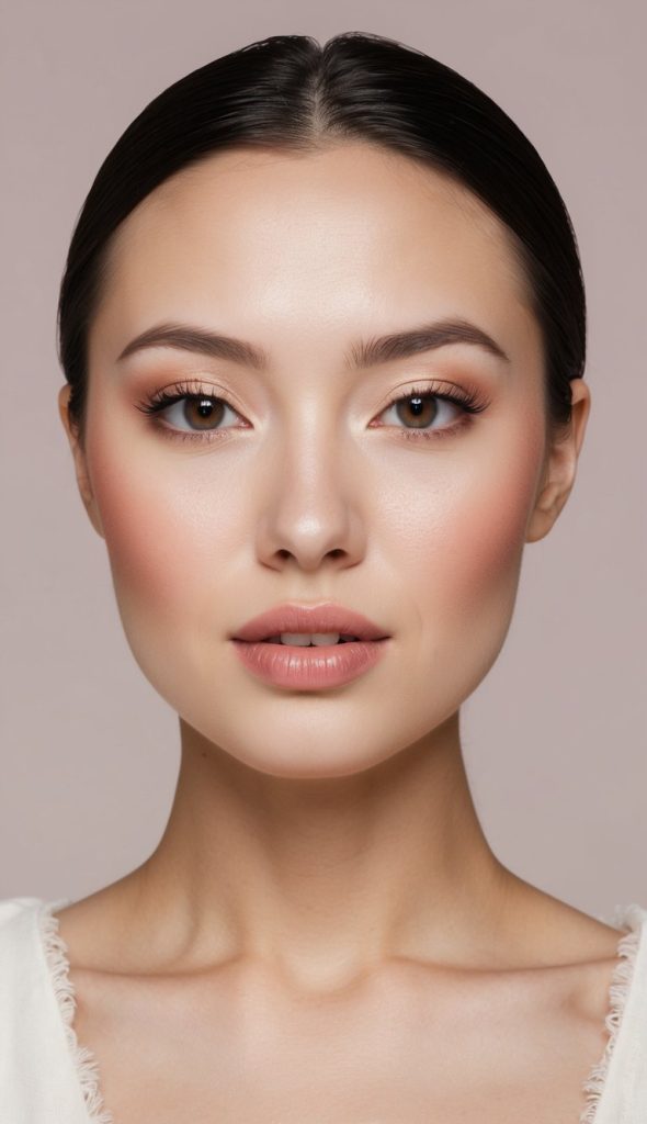 Close-up portrait of a person with smooth skin, neutral makeup, and dark hair pulled back, against a soft background.