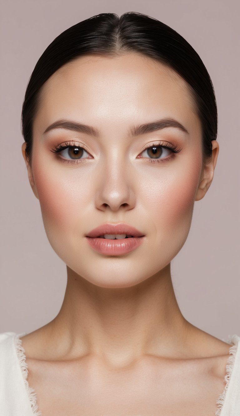Close-up portrait of a person with smooth skin, neutral makeup, and dark hair pulled back, against a soft background.