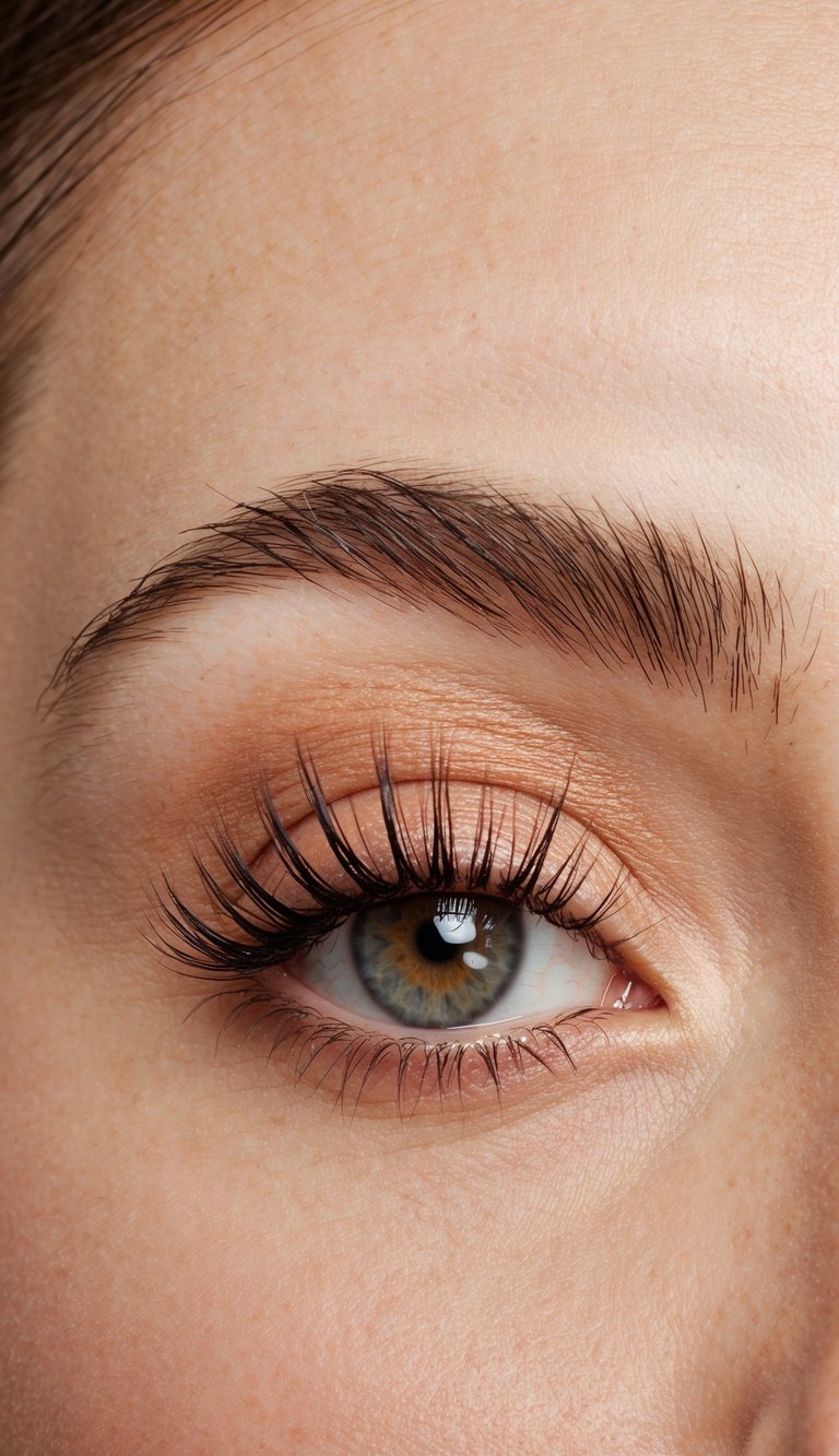 A single eyelid with soft peach eyeshadow, framed by long lashes