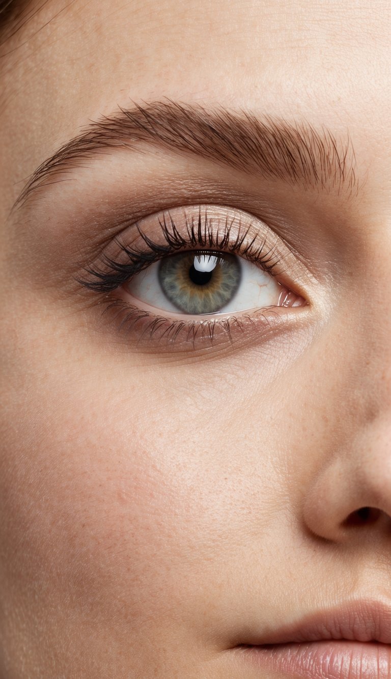 A close-up of an eye with a light taupe eyeshadow blended into the crease, creating a soft and innocent charm