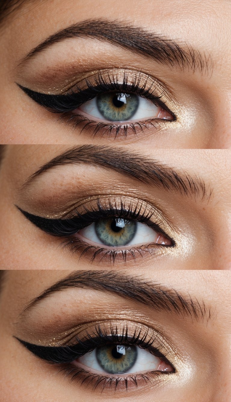 A close-up of an eye with a shimmering inner corner highlight, creating a lifted and fierce look