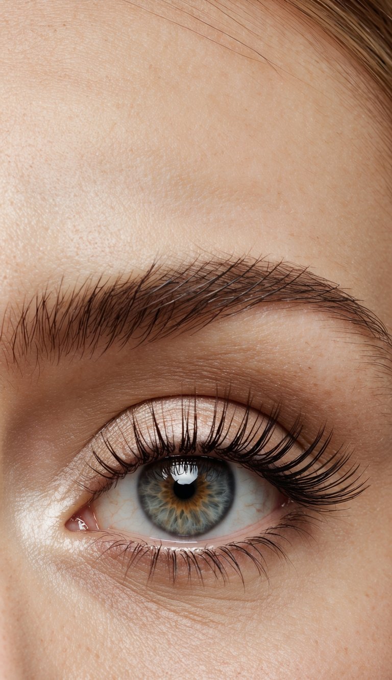 A close-up of a wide-open eye with delicate pearl shimmer and long, tapered lashes