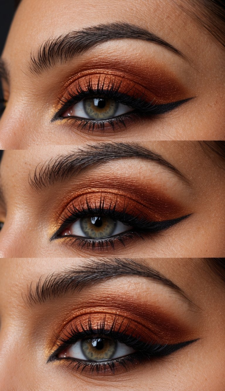 Warm cinnamon shadow blended into crease, creating a fierce, lifted fox eye makeup look