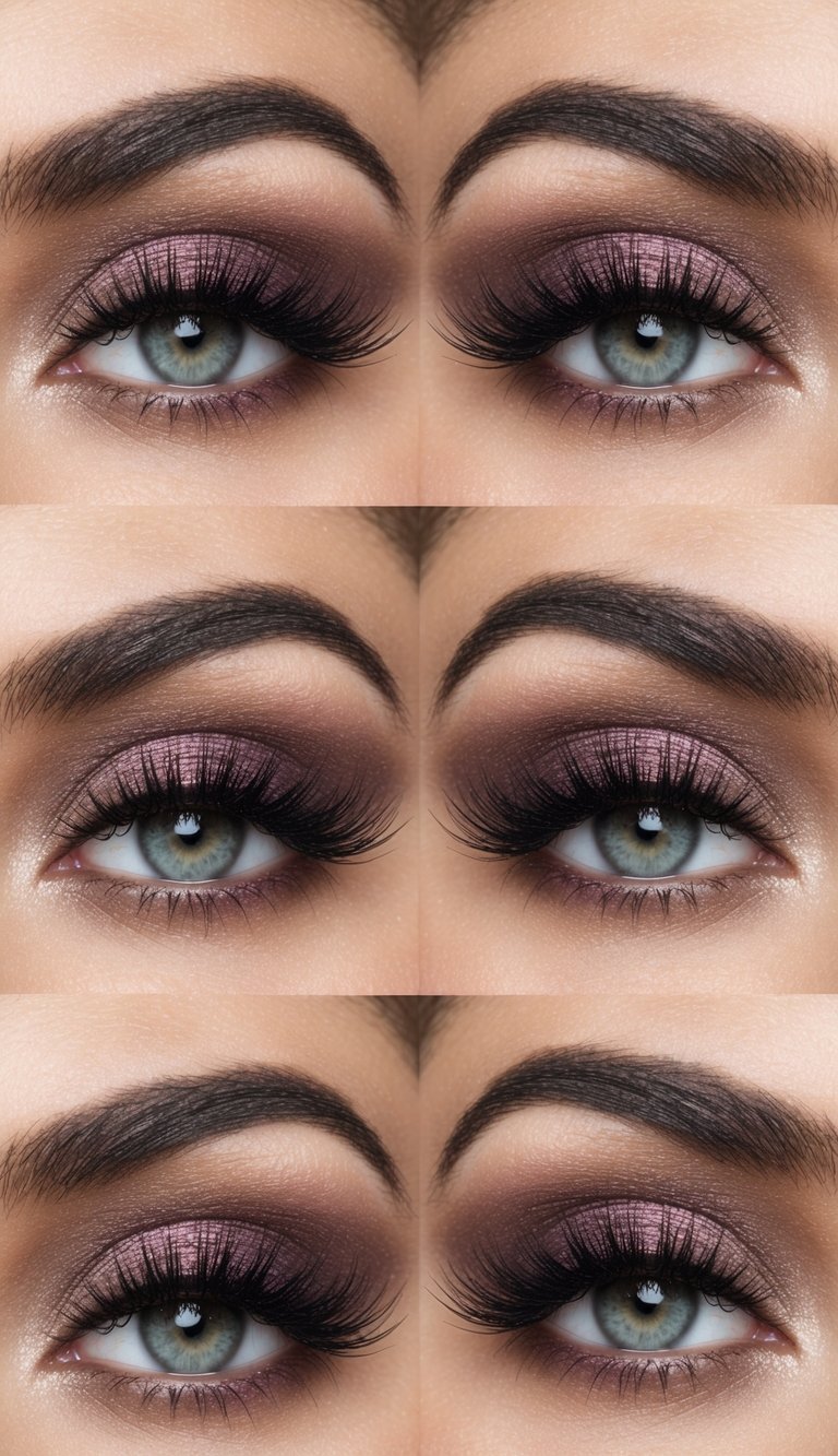 Smokey mauve eyeshadow with dramatic false eyelashes creates a wide-eyed glam look