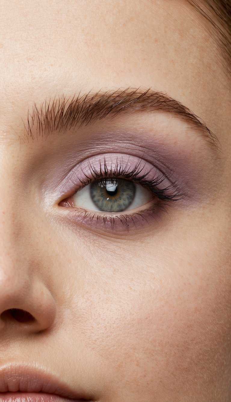 A close-up of a single eyelid with a soft, pale lavender eyeshadow applied, creating a fresh and innocent charm