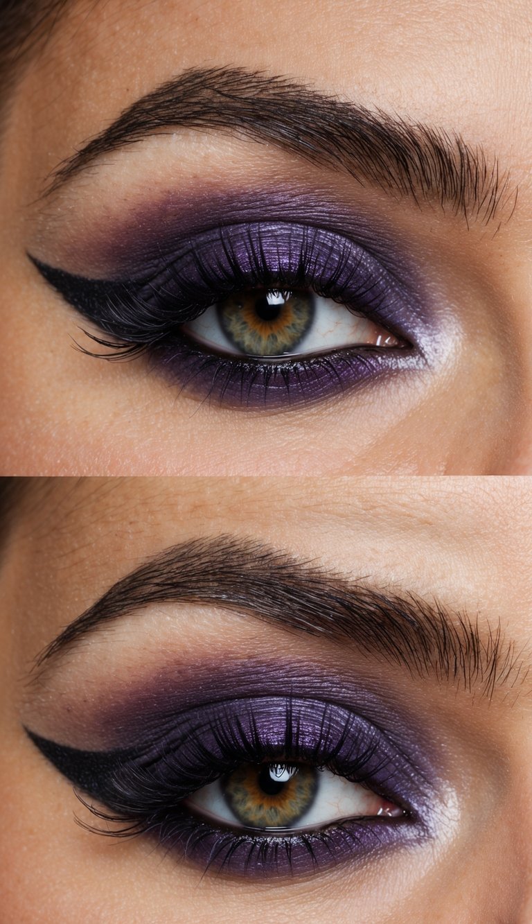 A deep violet shadow with an extended wing, creating a fierce and lifted fox eye makeup style