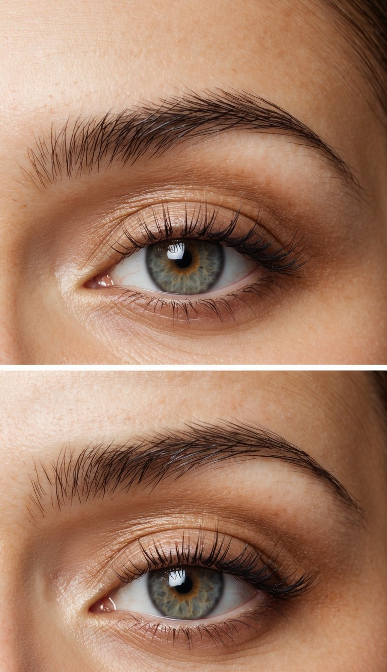 A close-up of an eye with warm beige shadow blending into a soft, innocent charm