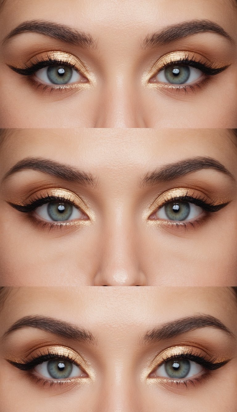 Subtle gold liner under eyes, peach lids, wide-eyed glam