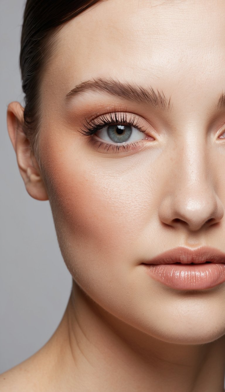 Soft, innocent charm: A rosy-cheeked figure with peach or apricot blush, with gentle, wide eyes framed by delicate eyelashes