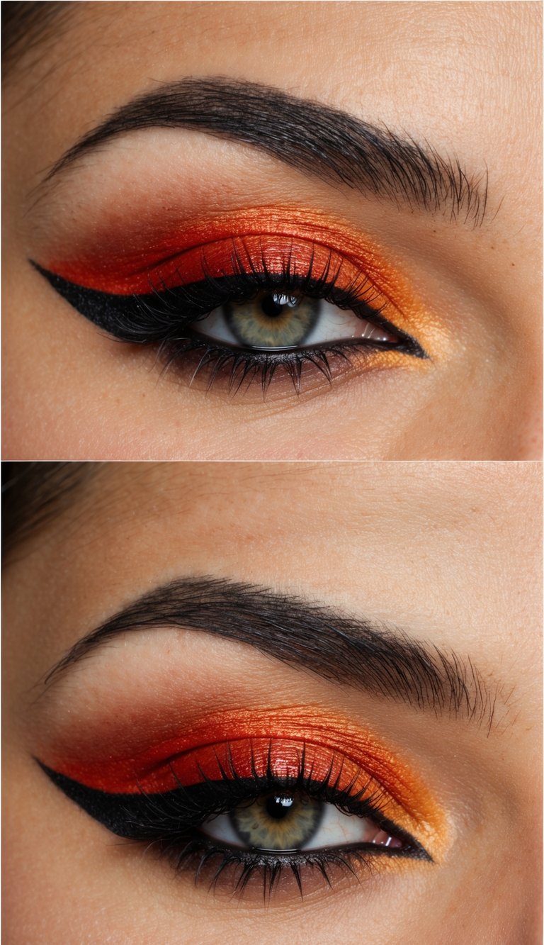 A dramatic, fiery red shadow with a bold black wing, creating a fierce and lifted fox eye makeup style