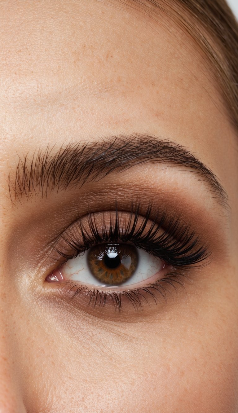 A close-up of a wide-open eye with matte brown shadow and thick doll-like lashes