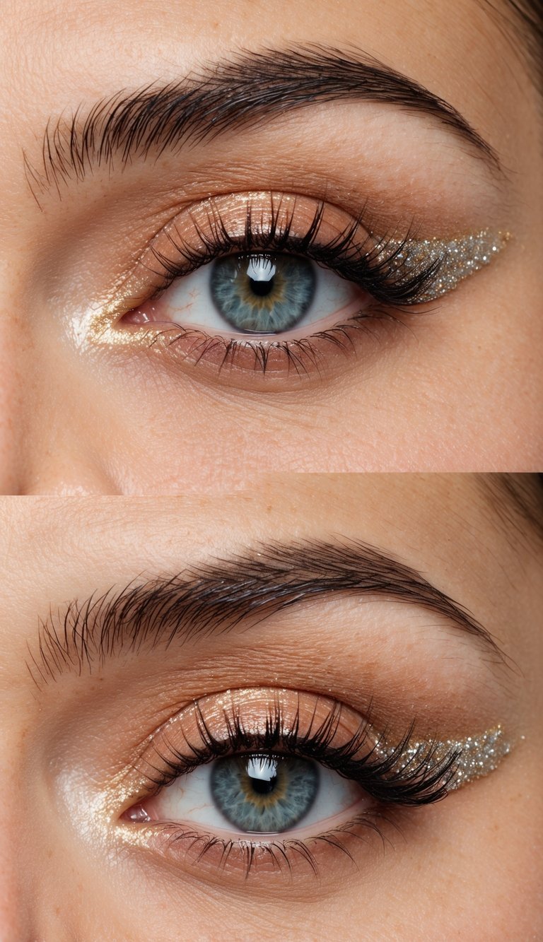 A peach cut crease with glittery wing, showcasing wide-eyed glam