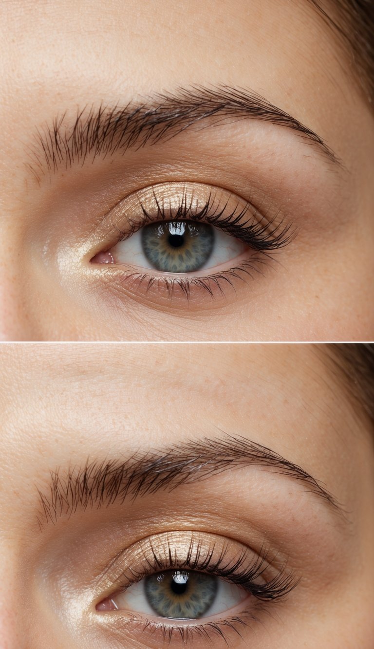 Soft, innocent charm: a close-up of an eye with a touch of champagne shimmer on the tear duct, creating a subtle and elegant glow