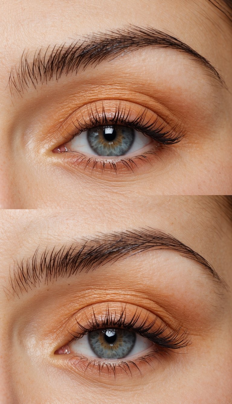 Soft apricot eyeshadow applied to a closed eyelid, with a gentle, innocent charm