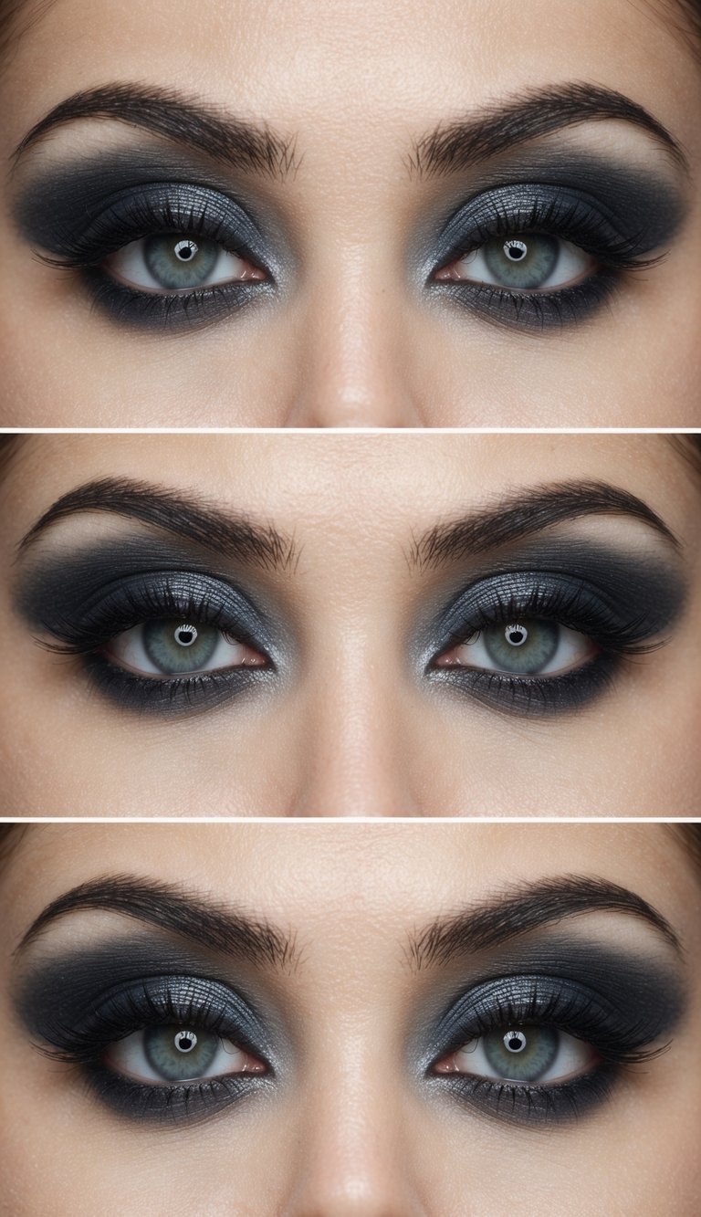 A close-up of a pair of eyelids with soft grunge blended eyeshadow in dark, moody colors, creating an edgy and nostalgic emo eye makeup style