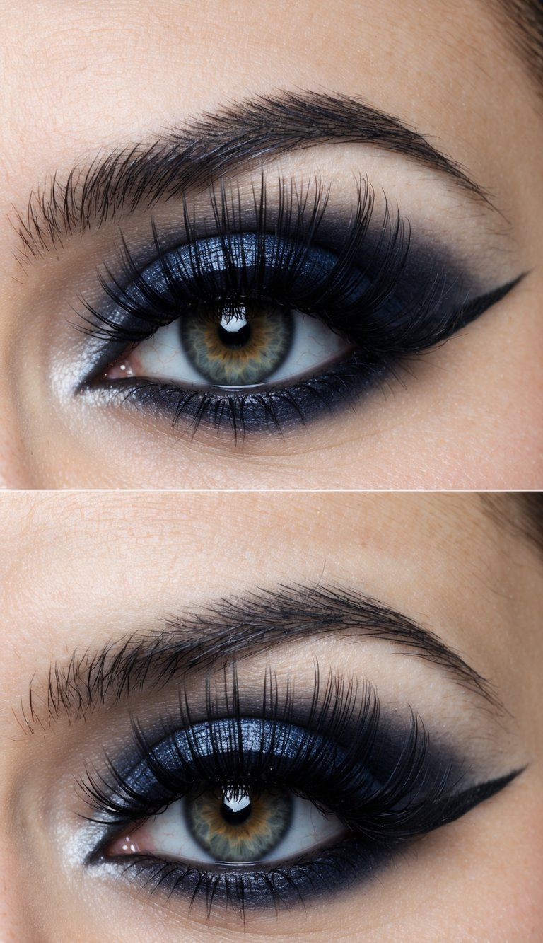 A close-up of a dramatic eye with bold false lashes and dark shadow, evoking an edgy emo style