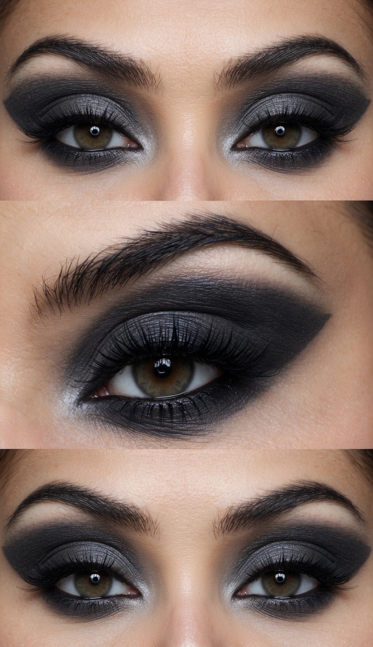 A close-up of a charcoal grey smokey eye makeup look, with dramatic and edgy styling for a modern or throwback emo aesthetic