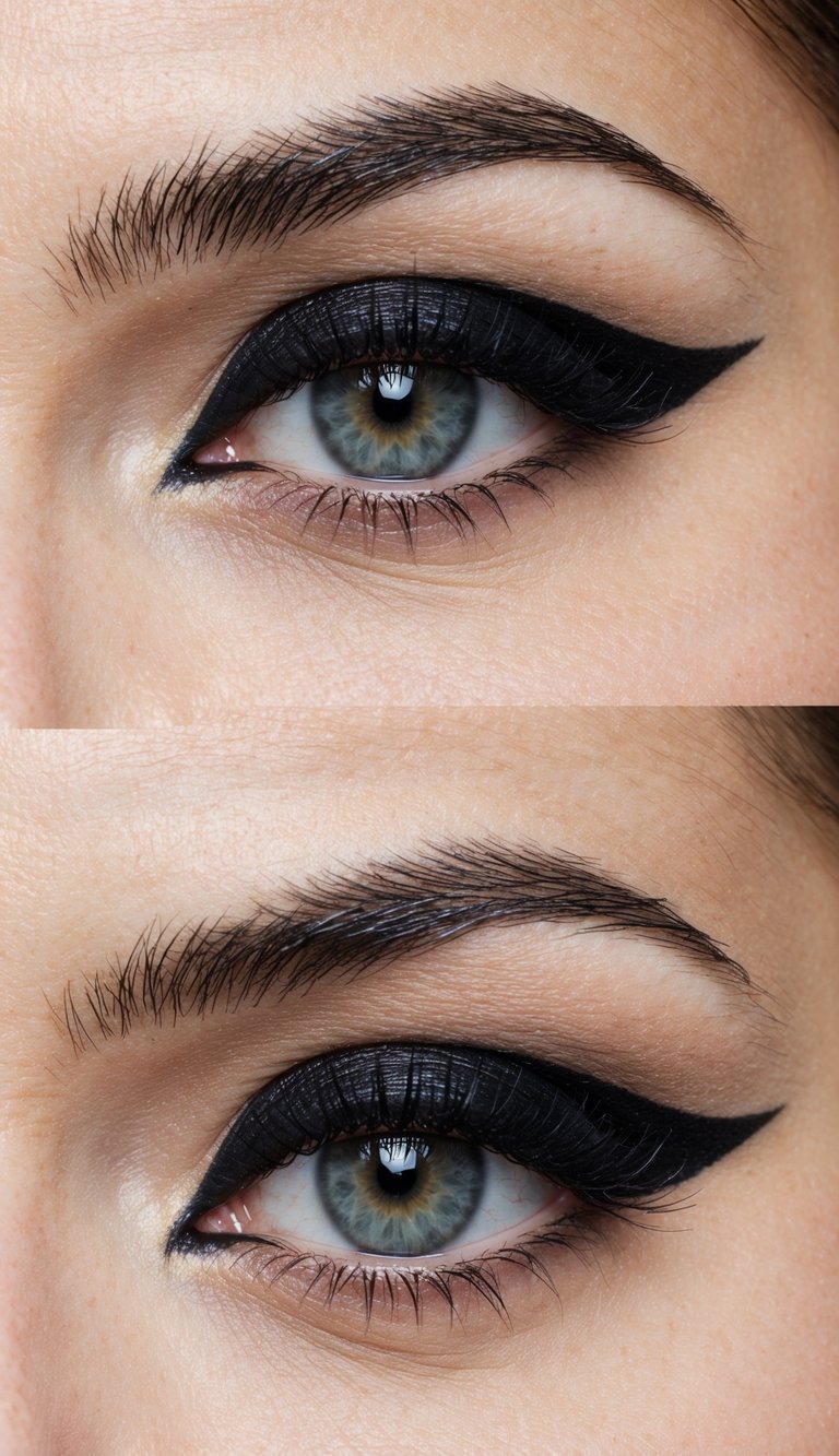 A close-up of an eye with the upper lid tightlined in black pencil, creating a bold and edgy emo makeup look