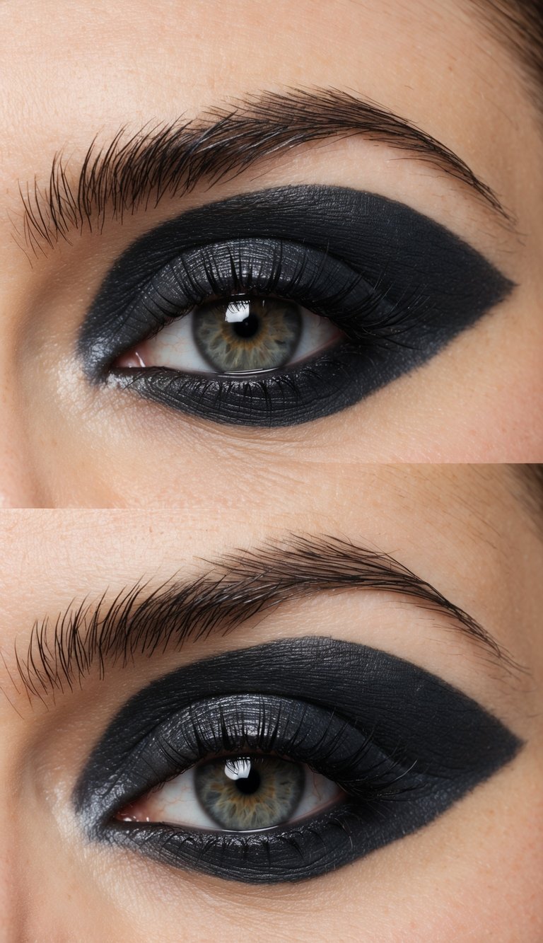 A close-up of a smudged charcoal under-eye shadow with edgy, emo-inspired makeup style